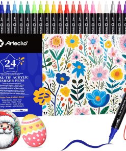 Artecho Acrylstifte 24 Farben, 0.5-5mm Wasserfester Dual Tip Marker (Pinsel und feine Spitze), mit doppelten Enden für Rock Painting, Glas, Papier, Holz, Ei, Leinwand, Keramik, Stoff, DIY Crafts