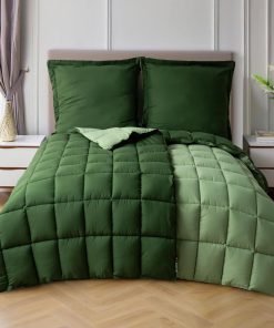 HIG Bettdecken-Set 4-teilig mit 2X Steppdecke 135x200 cm und 2X Kissenbezügen 80x80 cm – Oeko-TEX zertifizierte, kastenförmig genähte Daunenalternative in Grün, mit 1300g Füllung (250 GSM)