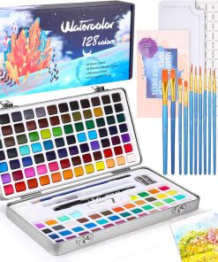 Azyvum Aquarellfarben Set 128 Farben in Tragbarer Box, Mit Pinsel und Aquarellpapier, Aquarell für Reisen, Wasserfarben für Künstler, Hobbymaler und Malerei-Liebhaber