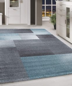 HomebyHome Teppich Wohnzimmer 80x250 cm Läufer Grau und Blau Kariert Design - Schlafzimmer Teppich Kurzflor Extra Weich Pflegeleicht Teppiche Waschbar für Küche - Carpet Living Room