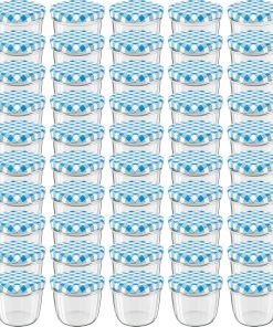 WELLGRO® Einmachgläser mit Schraubdeckel - 230 ml, 8,5 x 6,5 cm (ØxH), Glas/Metall, rot karierte Deckel To 82, Gläser Made in Germany, verschiedene Mengen wählbar (Blau, 50 Stück)