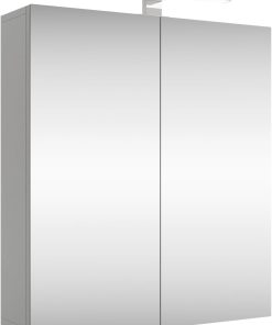 Planetmöbel Merkur Spiegelschrank Bad mit Beleuchtung 60 cm breit | Badschrank hängend mit Spiegel | Chrom LED Beleuchtung | weiß-grau