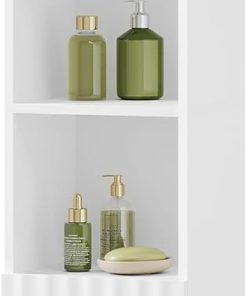 eSituro Badezimmer Hochschrank, Badezimmerschrank Badschrank mit 2 Türen 2 offenen Fächern, Badmöbel mit verstellbaren Einlegeböden, Weiß, 30x180x28 cm