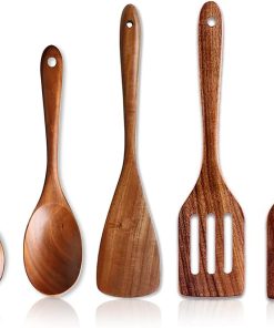 5 Stück Pfannenwender Holz Mit Loch Küchenutensilien Set Holzlöffel Kochen Besteckhalter Kuechenhelfer Set Suppenlöffel Groß Pfannenwender Salatbesteck Olivenholz Kochlöffel Geschenke Kochutensilien