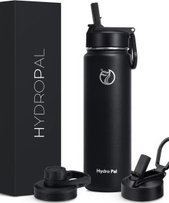 HydroPal Stainless Steel Drinking Bottle - 750 ml, 1 L, 1.2 L, BPA-Free, Suitable for Carbonated Drinks, Insulated Bottle with Straw & 2 Lids, Leak-Proof Insulated Bottle for Sports (Black, 750 ml)