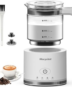 Morpilot Milchaufschäumer Elektrisch, 4 in 1 Milchschäumer für Heißer und Kalter, 600W 500ml, Spülmaschinenfest Aufschäumer, Latte-Design, Visuelles Glas, Weiß
