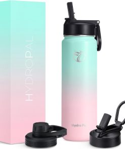 HydroPal Stainless Steel Drinking Bottle - 750 ml, 1 L, 1.2 L, BPA-Free, Suitable for Carbonated Drinks, Insulated Bottle with Straw & 2 Lids, Leak-Proof Insulated Bottle for Sports (Greenish Pink