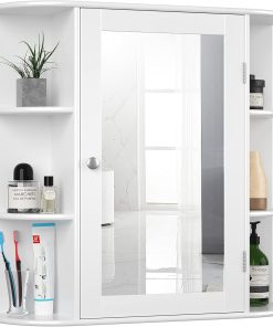 GIANTEX Bathroom Mirror Cabinet, Wall Cabinet with Mirror, Bathroom Mirror Cabinet 10 Shelves, Wall Cabinet with Door, Wooden Vanity Cabinet, Bathroom Cabinet, Hanging 65 x 17 x 63 cm (White)
