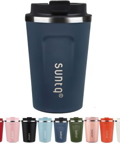 SUNTQ Kaffeebecher to go aus Edelstahl - Thermobecher Doppelwand Isoliert - Kaffeetasse mit Auslaufsicherem Deckel Wiederverwendbar (Schwarzblau, 380ml)
