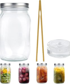 Kimchi Sauerkraut Mason Jar with Lids, 1 Litre Fermentation Clear Jars with Wooden Clip, Weights with Fermentation Weights and Screw Lid, Fermentation Glass, Mason Jars by Kimchi Sauerkraut