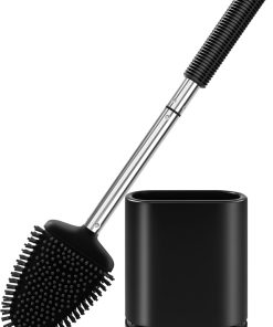 Flache Toilettenbürste mit Halter, Edelstahl-Silikon-Hocker-Halter-Set mit Wandhalterung für Badezimmer-Gäste-WC (Schwarz)