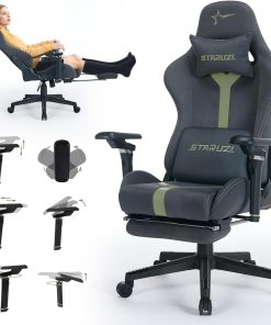 Ergonomischer Gaming Stuhl mit 6D verstellbaren Armlehnen - Kunstleder, PC Gamer Stuhl mit Fußstütze, atmungsaktiver Spielstuhl mit 90-155° Neigung Grau-Grün