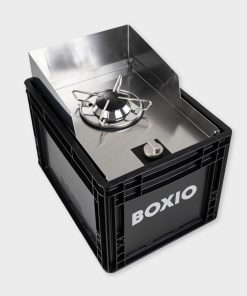 BOXIO - COOK: Edelstahl All-in-One Campingkocher mit Stauraum & Windschutz, Gaskartuschen Campingkocher für Camping, Outdoor, Vanlife & als Kartuschenkocher im mobilen Verkaufsstand auf dem Markt