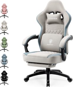 Dowinx Gaming Stuhl Stoff mit Gel-Pad, Massage Gaming Sessel mit Fußstütze, Ergonomischer PC Stuhl Gamer Stuhl mit Aufbewahrungstasche, Bürostuhl 150 kg Belastbarkeit, Grau