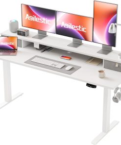 Agilestic Höhenverstellbarer Schreibtisch mit 2 Schubladen, 160 x 60 cm Stabiler Schreibtisch Höhenverstellbar Elektrisch, Ergonomischer Steh-Sitz Tisch Computertisch, Weiß