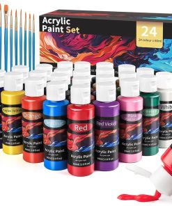 Acrylic Paint Set 24 x 60 ml with 10 Brushes - Waterproof, Lightfast & Quick Drying, Strong Coverage, for Canvas, Wood, Ceramic, Models, for Artists, Professionals, Beginners
