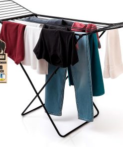 BigDean Wäscheständer 200 cm = 20m extra-hoch + Dicke XXL Leinen für einfacheres Bügeln - XXL schwarz – Wäscheständer stabil X-Beine