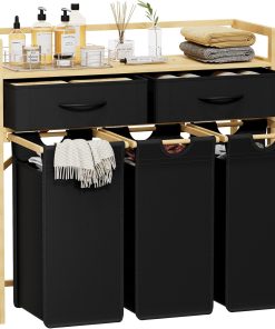 Lifewit Wäschekorb 3 Fächer, 150L Wäschesammler mit Ablage und 2 Schubladen, Wäschesortierer, Wäsche Sortiersystem, Wäschetonne, Wäschetruhe mit Abnehmbarer Wäschesack, Schwarz