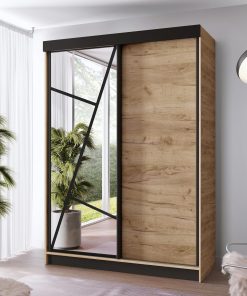 KIER FURNITURE - Schrank mit Spiegel - Kleiderschrank mit Schiebetüren, Fachböden und Kleiderstange - Garderobenschrank für Schlafzimmer, Flur - Craft Eiche Holzoptik - 138x205x59cm