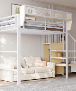 Moimhear Bunk Bed with Safety Ladder and Flexible Storage Compartment, Metal Bed, Adult Bed, Children's Bunk Bed (White, 90 x 200 cm)