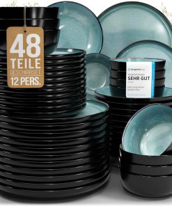 Pure Living Ibiza Stoneware Crockery Set for 12 People, 48-Piece Mediterranean Stoneware Tableware Set, ‘Very Good’ in Test, Bowl and Plate Set, Dinner Service for 12 People, Petrol