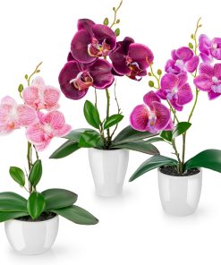 PASCH® Artificial Flowers in Pot (35 cm) - Set of 3 Orchids Artificially Matched Arrangement in High Gloss Ceramic Pots, Decorative Flowers Artificial Orchids (Purple-Rose)